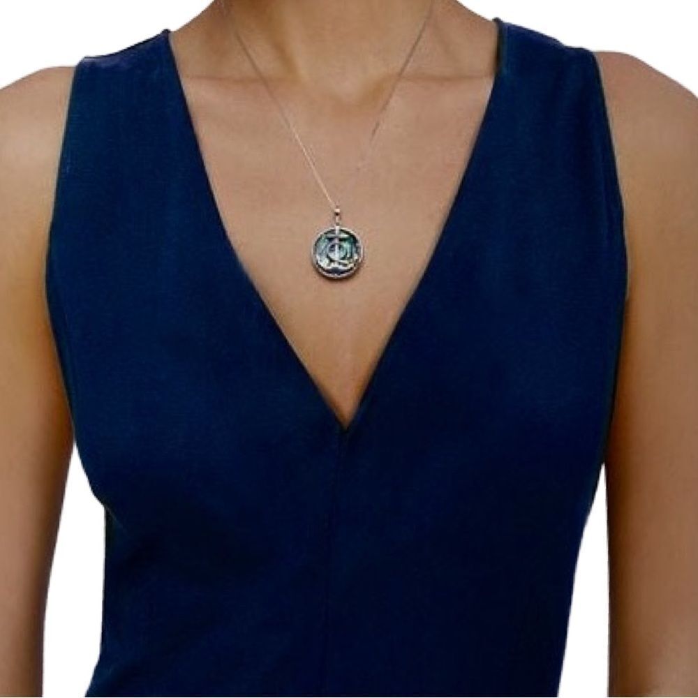 Beaux Bijoux Natural Abalone/Created Turquoise Anchor SS Pendant Necklace NIB